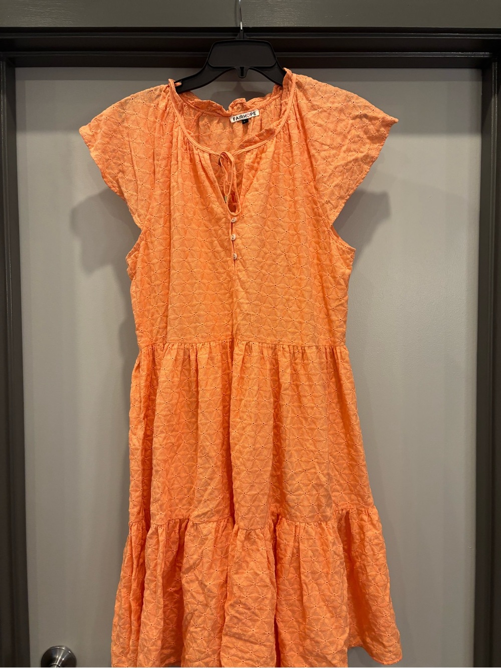 Tiered Orange Eyelet Mini Dress with Tie Neck